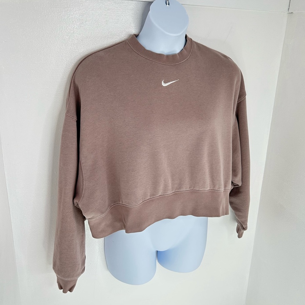 Nike Sweatshirt Womens Medium Pink Sand Center Swoosh Oversized Cropped Boxy - Picture 3 of 11